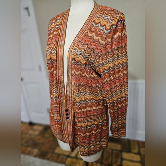 Red, Orange Striped Long Sleeve Knit Cardigan, Ruby Rd. Boho Aztec Style, XL - Picture 2 of 4